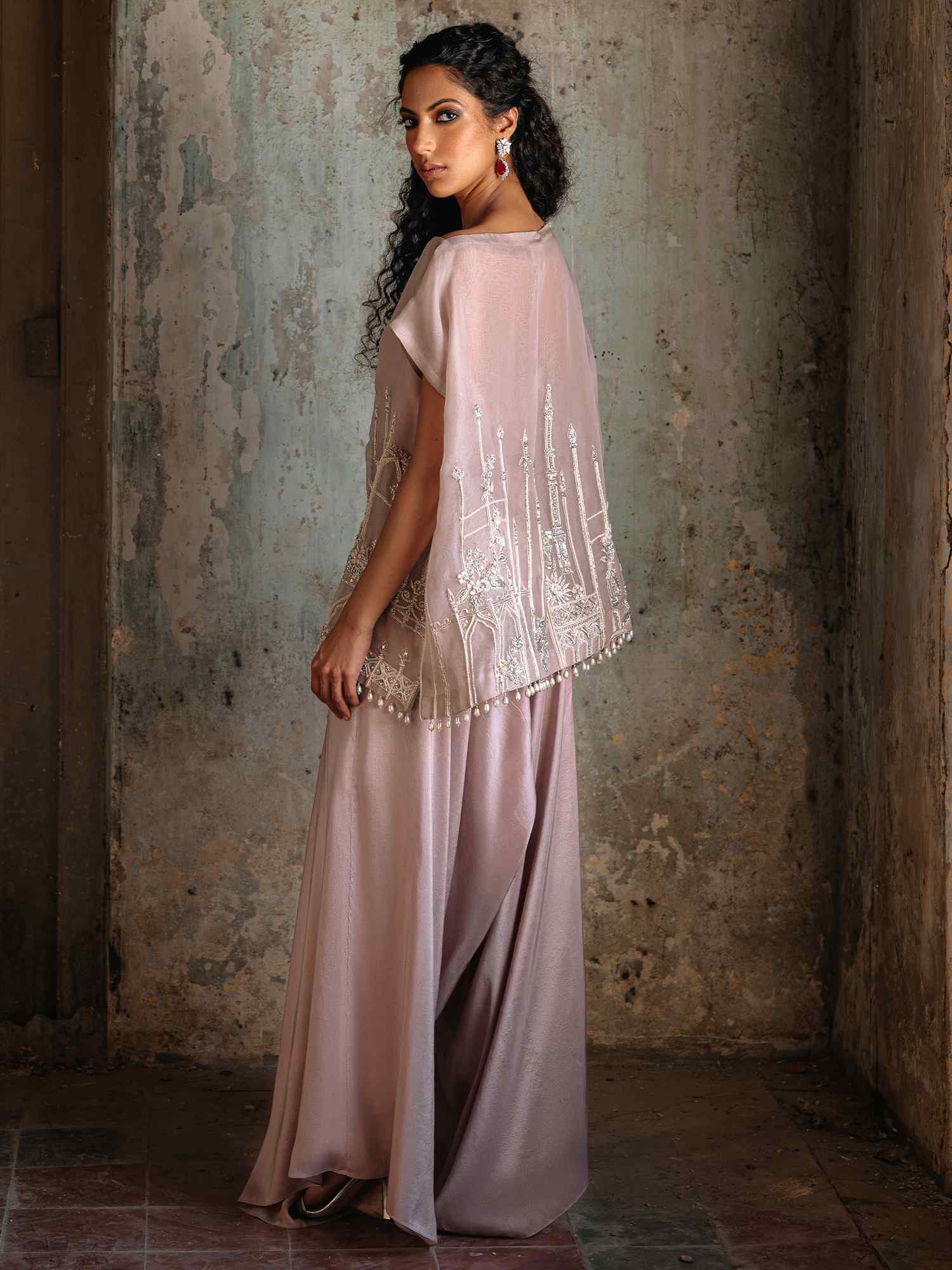 Pakistani Powder Pink Embroidered Organza Satin Silk Top & Pants (2-Piece) - Image 4