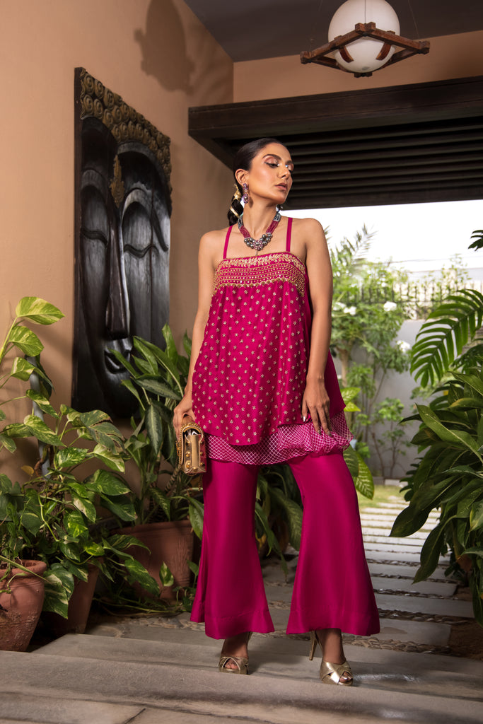 Pakistani Pink Hand-Embellished Raw Silk Top with Bootcut Pants (2-Piece) - Image 1