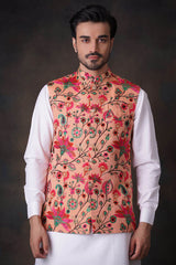 Peach Resham Embroidered Blended Fabric Waistcoat (2-Piece) - Image 2