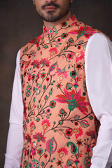 Peach Resham Embroidered Blended Fabric Waistcoat (2-Piece) - Image 3