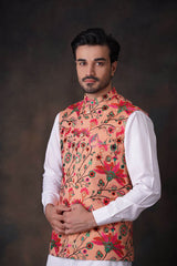 Peach Resham Embroidered Blended Fabric Waistcoat (2-Piece) - Image 4