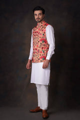 Peach Resham Embroidered Blended Fabric Waistcoat (2-Piece) - Image 5