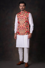 Peach Resham Embroidered Blended Fabric Waistcoat (2-Piece) - Image 7