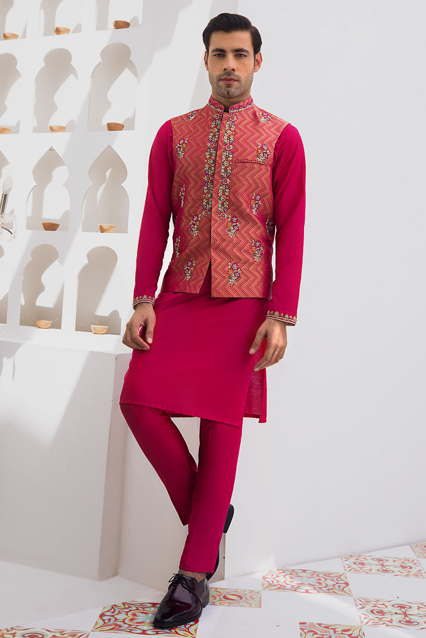 Raspberry Pink Embroidered Cotton Silk Waistcoat Kurta (3-Piece) - Image 1