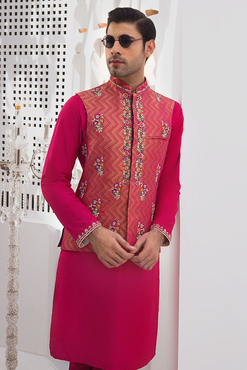 Raspberry Pink Embroidered Cotton Silk Waistcoat Kurta (3-Piece) - Image 2