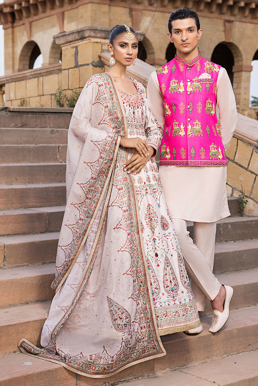 Peach Cotton Silk Waistcoat Kurta Set (3-Piece) - Image 3