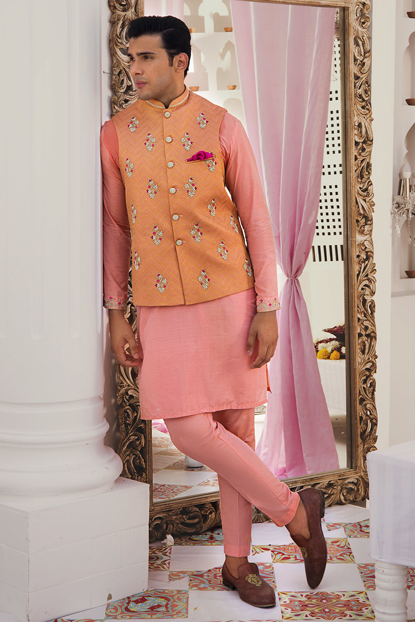 Coral Embroidered Cotton Silk Waistcoat Kurta Set (3-Piece) - Image 1