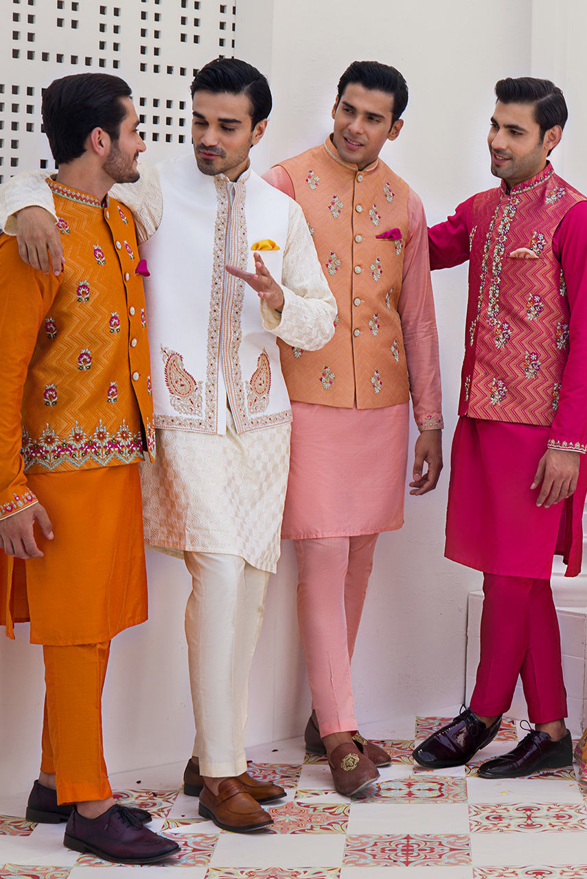 Coral Embroidered Cotton Silk Waistcoat Kurta Set (3-Piece) - Image 2