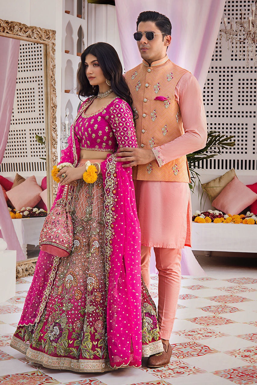 Coral Embroidered Cotton Silk Waistcoat Kurta Set (3-Piece) - Image 3