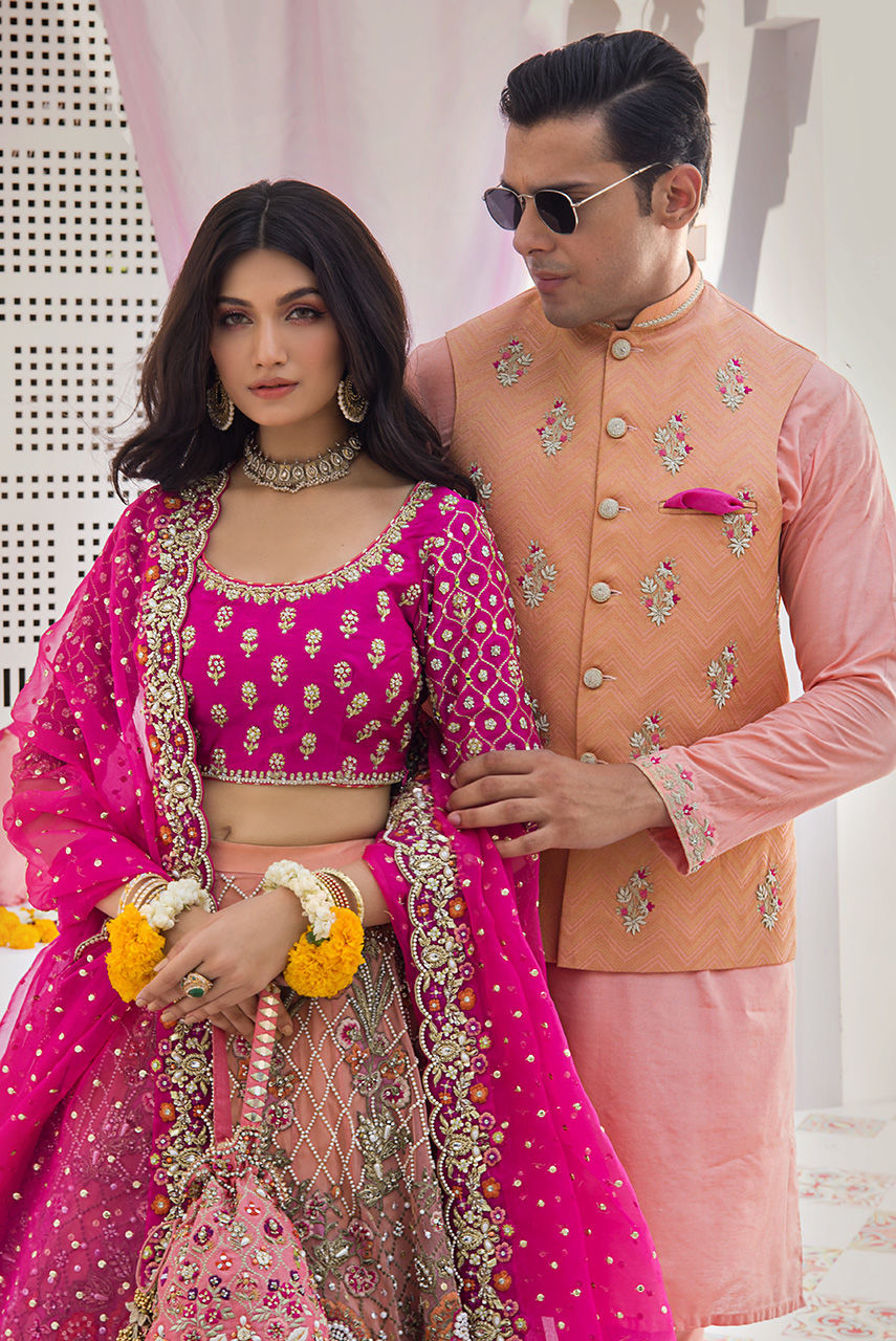 Coral Embroidered Cotton Silk Waistcoat Kurta Set (3-Piece) - Image 4