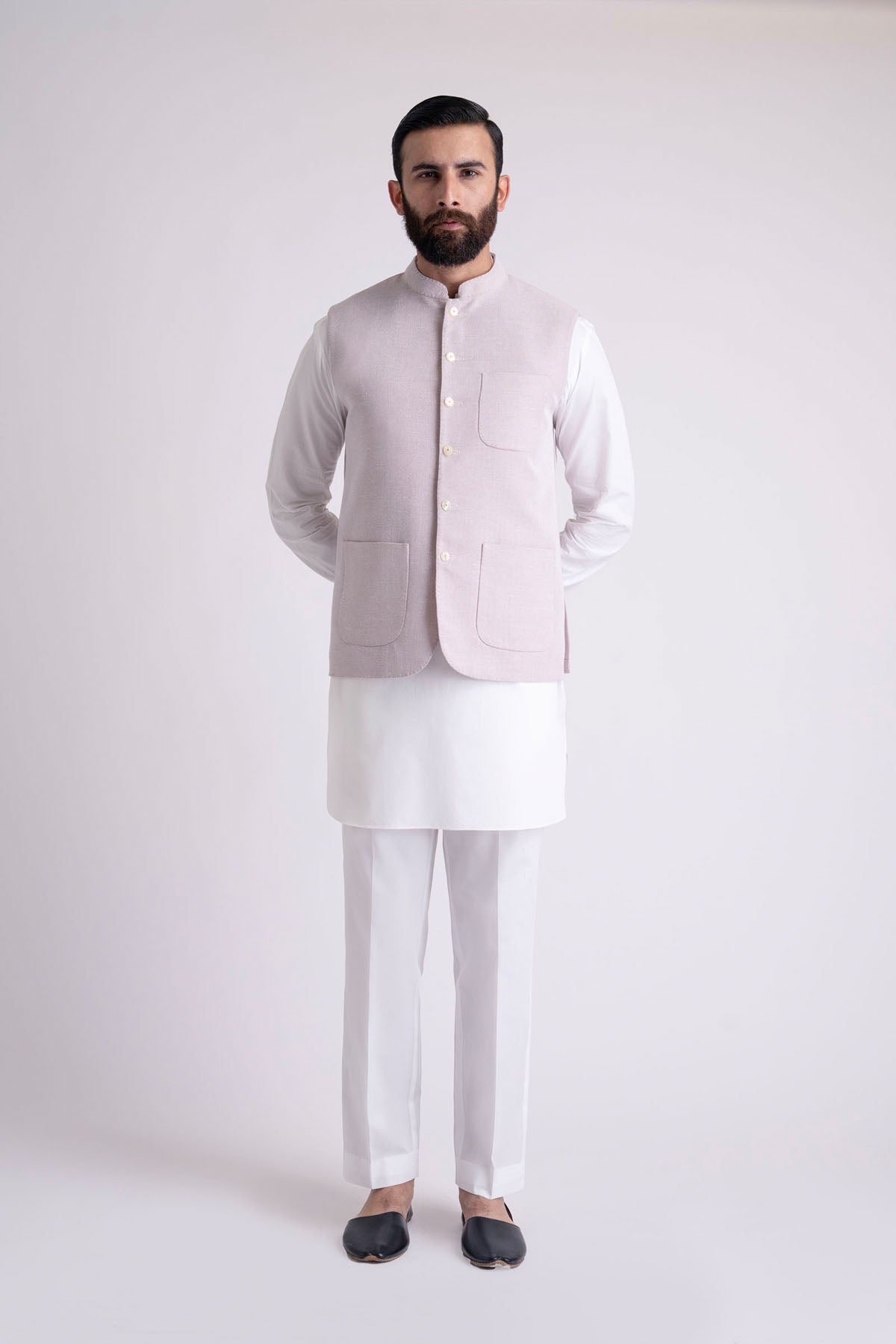 Light Pink Cotton Waistcoat Kurta Set (3-Piece) - Image 3