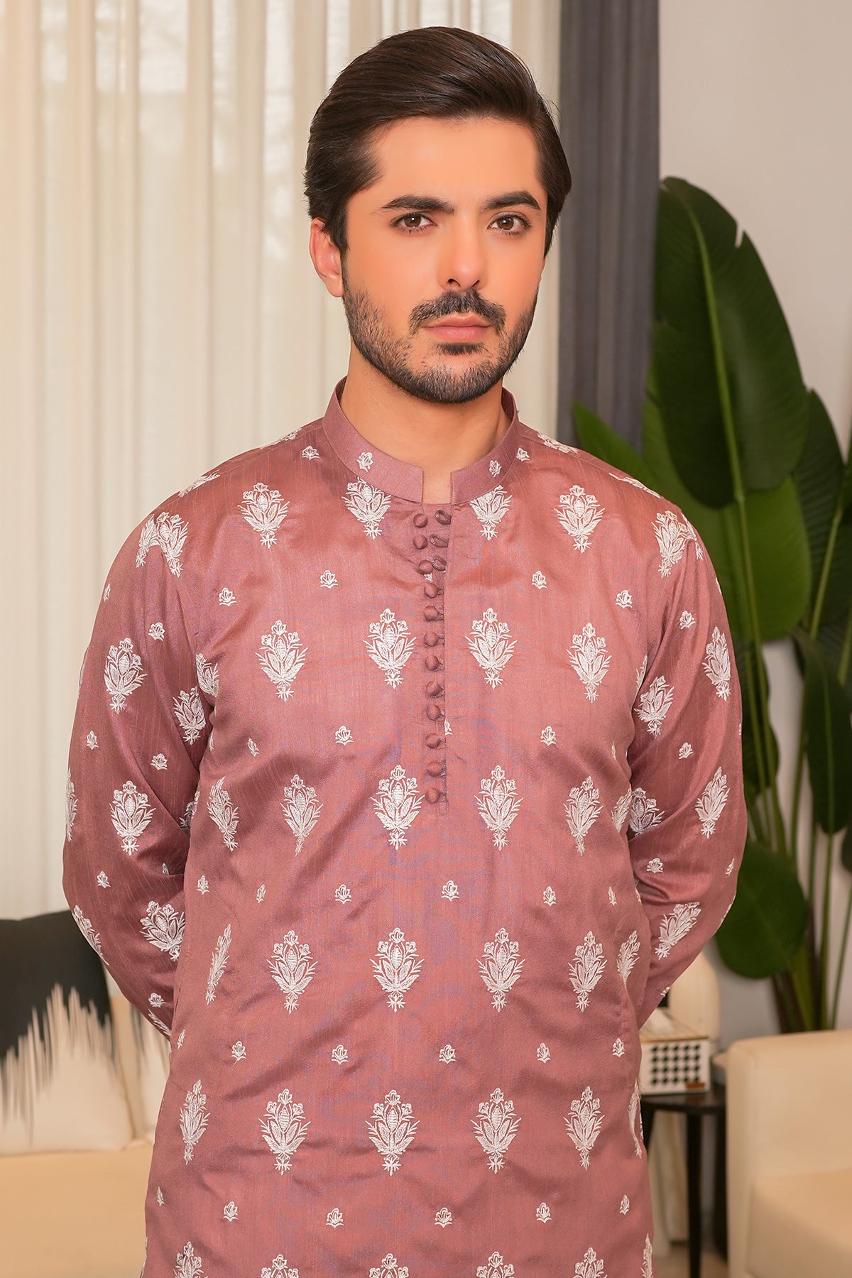 Peach Embroidered Cotton Waistcoat Kurta Set (3-Piece) - Image 2