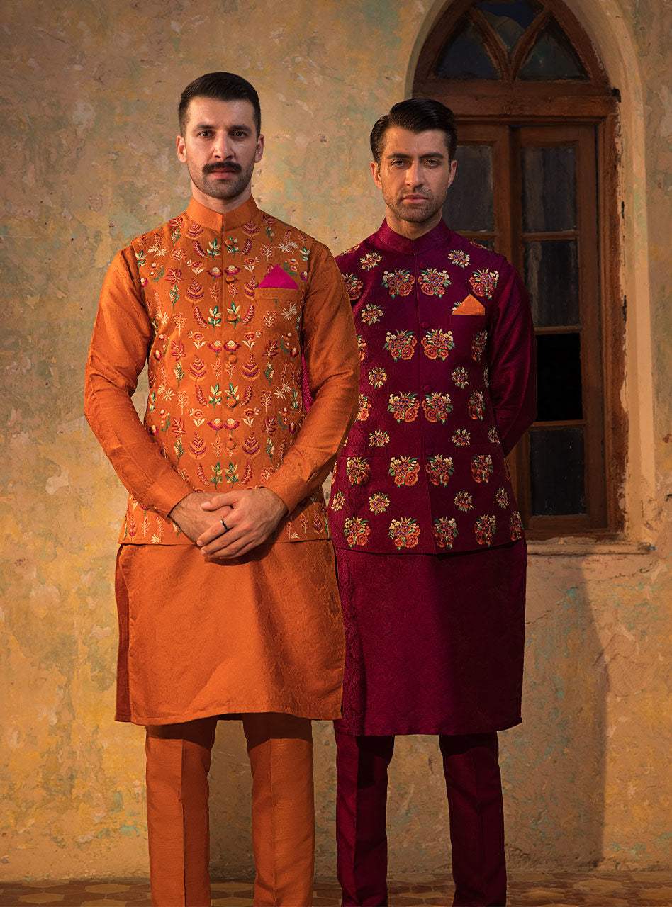 Magenta Embroidered Jacquard Waistcoat Kurta (3-Piece) - Image 8