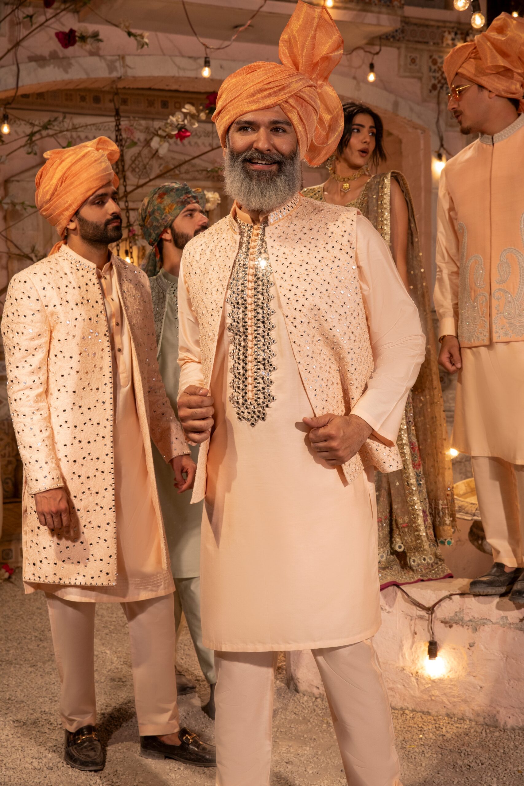 Peach Mirror Embroidered Lightweight Waistcoat Kurta (3-Piece) - Image 1