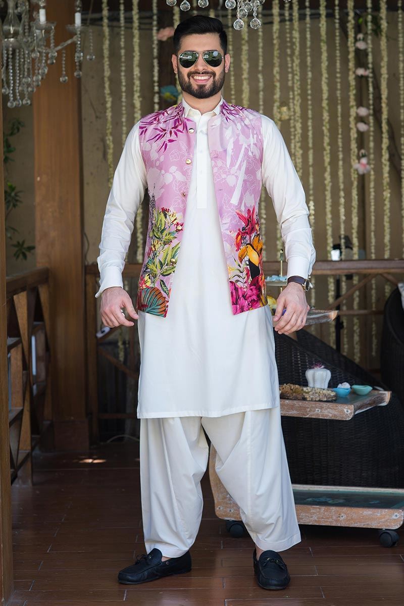 Mauve Digital Printed Raw Silk Waistcoat (3-Piece) - Image 1