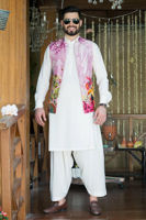 Mauve Digital Printed Raw Silk Waistcoat (3-Piece) - Image 3