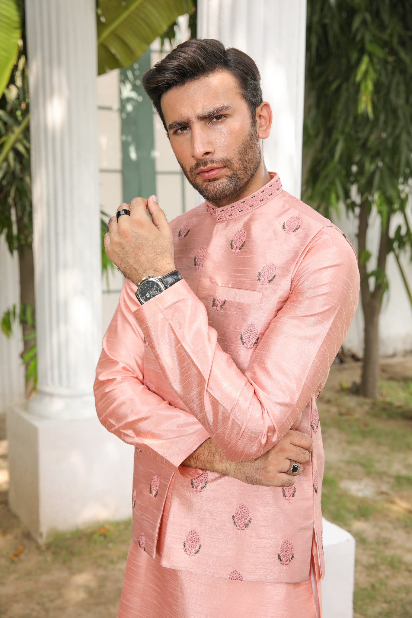 Peach Pink Embroidered Raw Silk Waistcoat Kurta (3-Piece) - Image 1