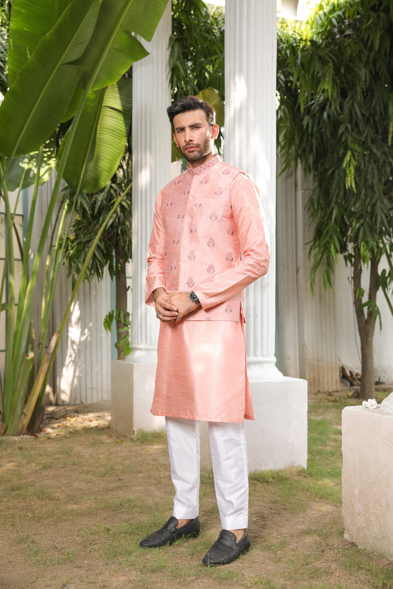 Peach Pink Embroidered Raw Silk Waistcoat Kurta (3-Piece) - Image 2