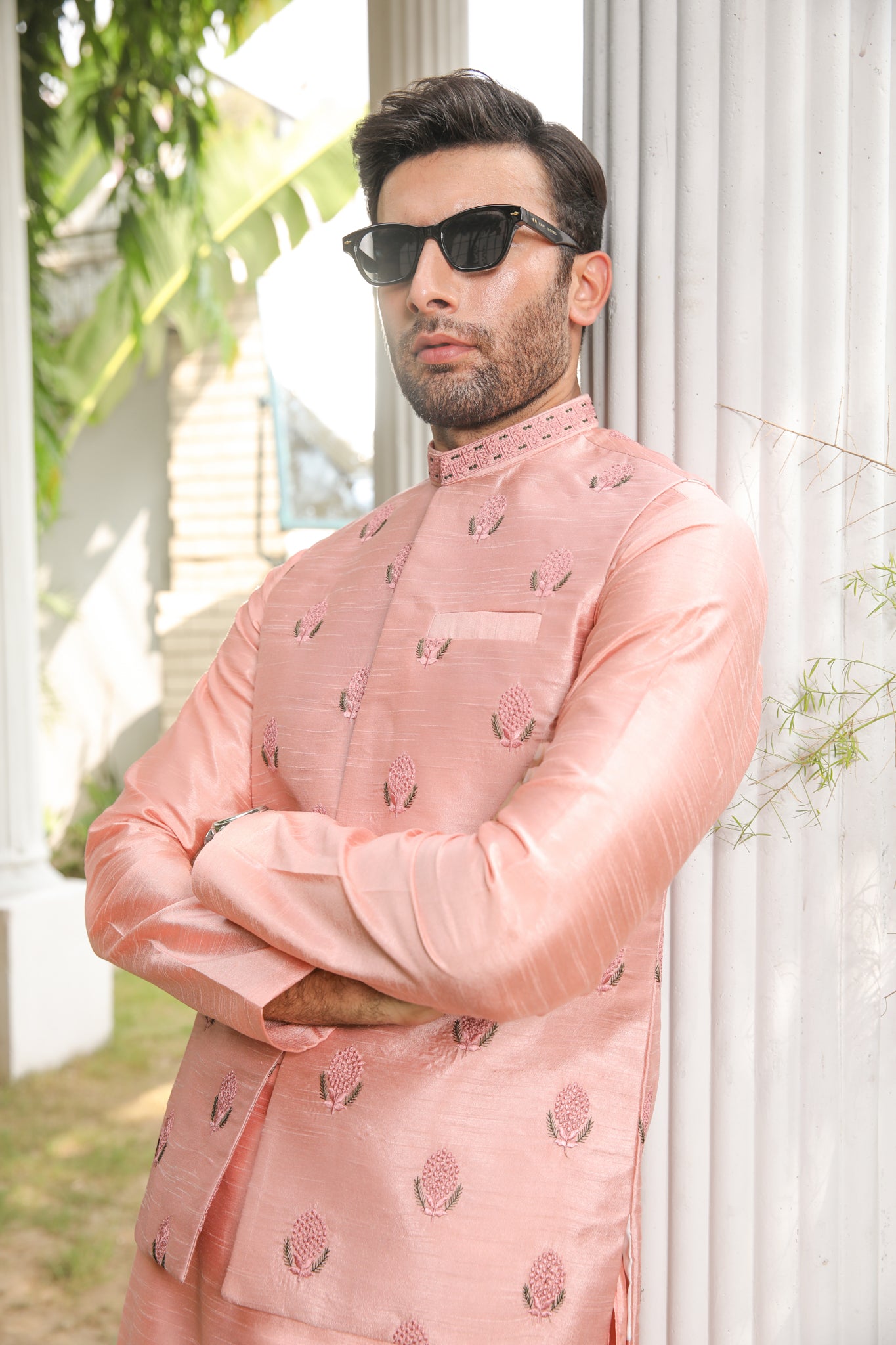 Peach Pink Embroidered Raw Silk Waistcoat Kurta (3-Piece) - Image 4
