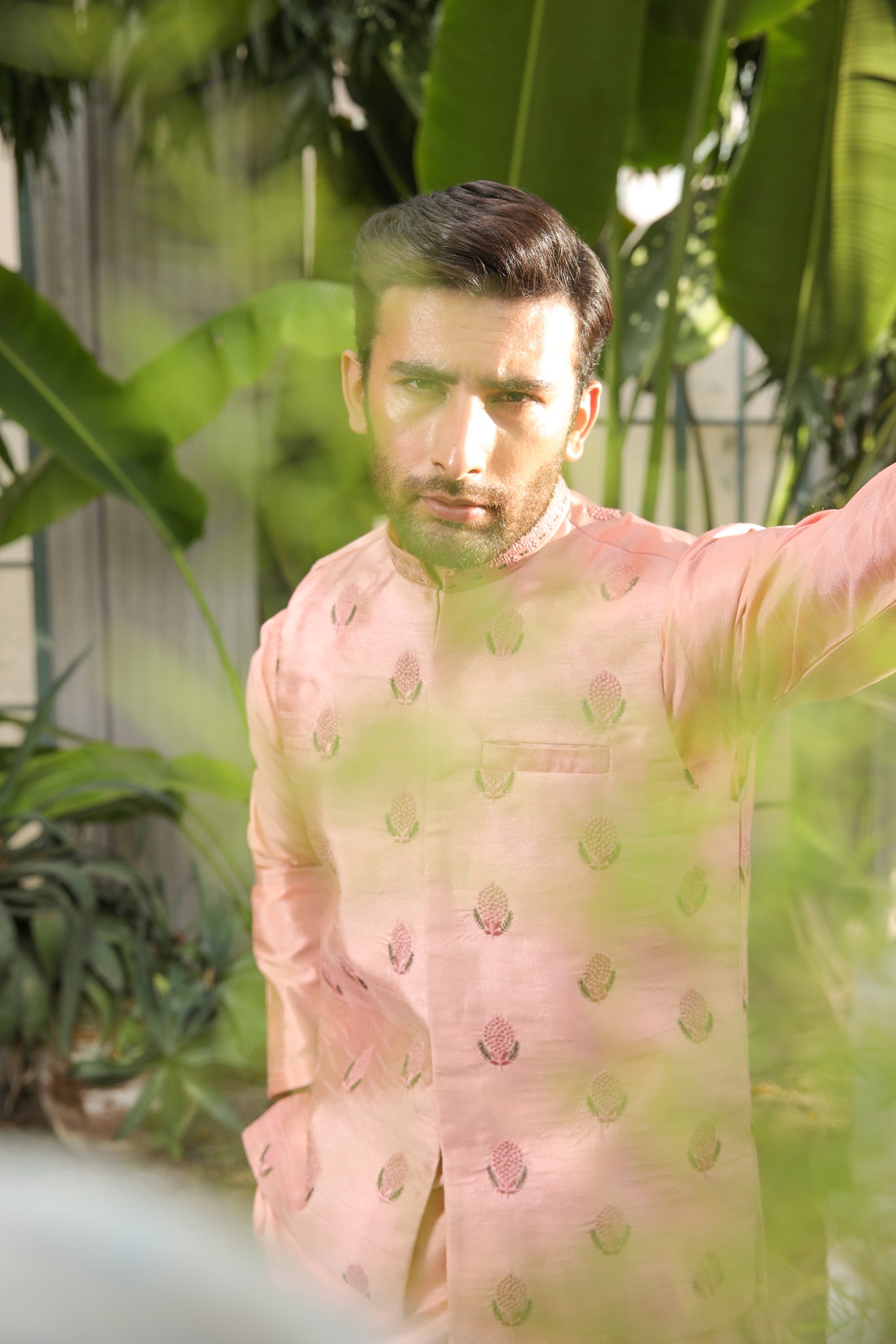 Peach Pink Embroidered Raw Silk Waistcoat Kurta (3-Piece) - Image 5
