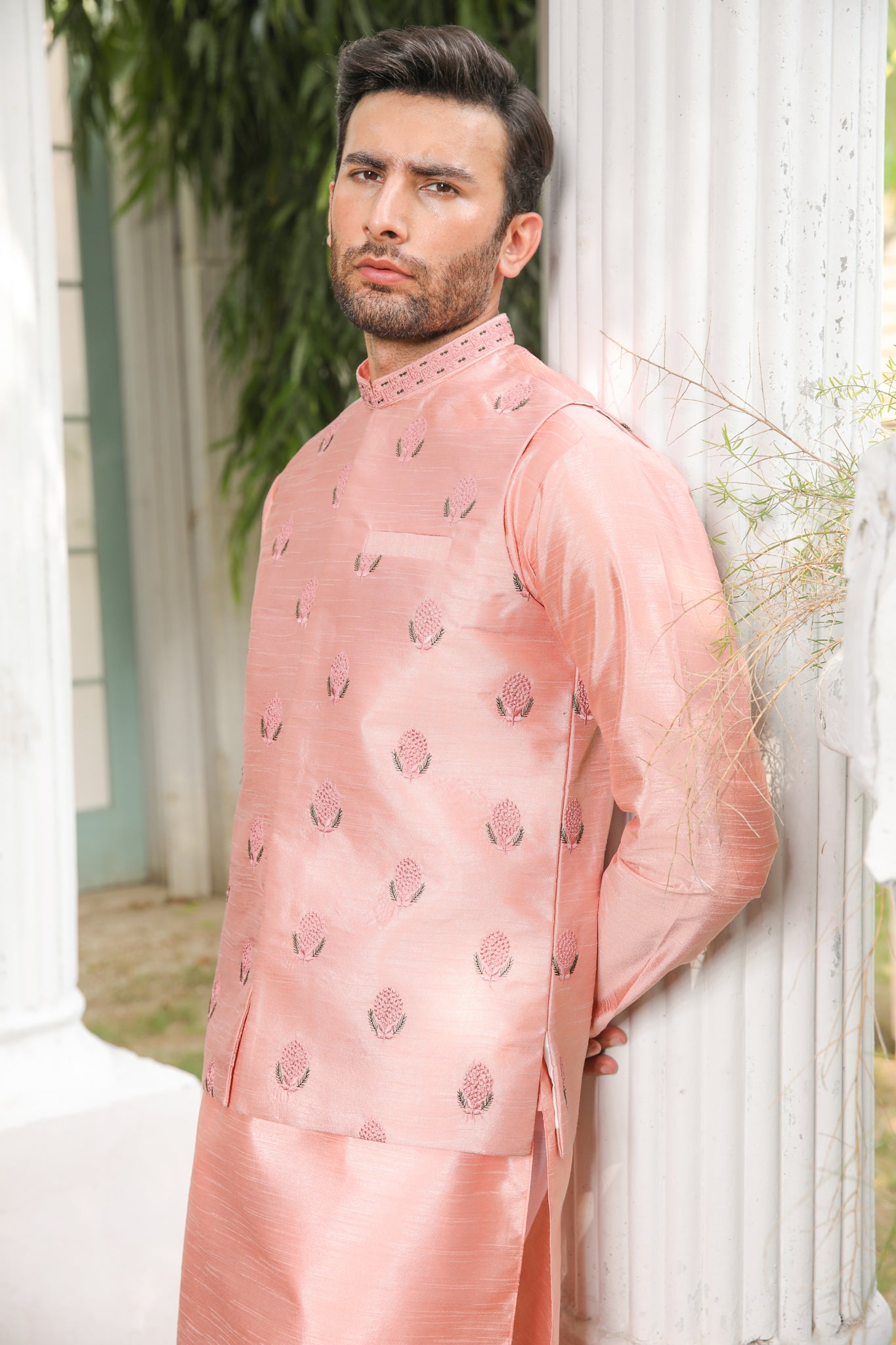 Peach Pink Embroidered Raw Silk Waistcoat Kurta (3-Piece) - Image 6