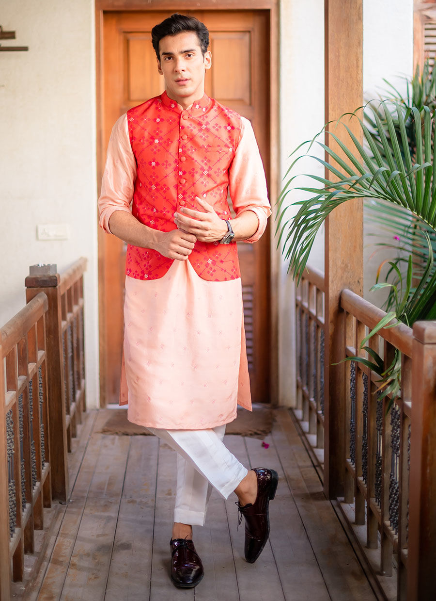 Peach Embroidered Raw Silk Waistcoat Kurta (3-Piece) - Image 1