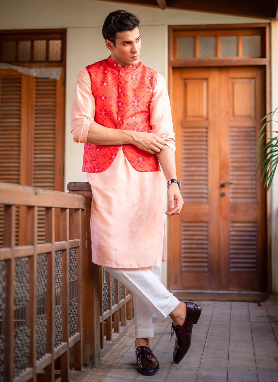 Peach Embroidered Raw Silk Waistcoat Kurta (3-Piece) - Image 2