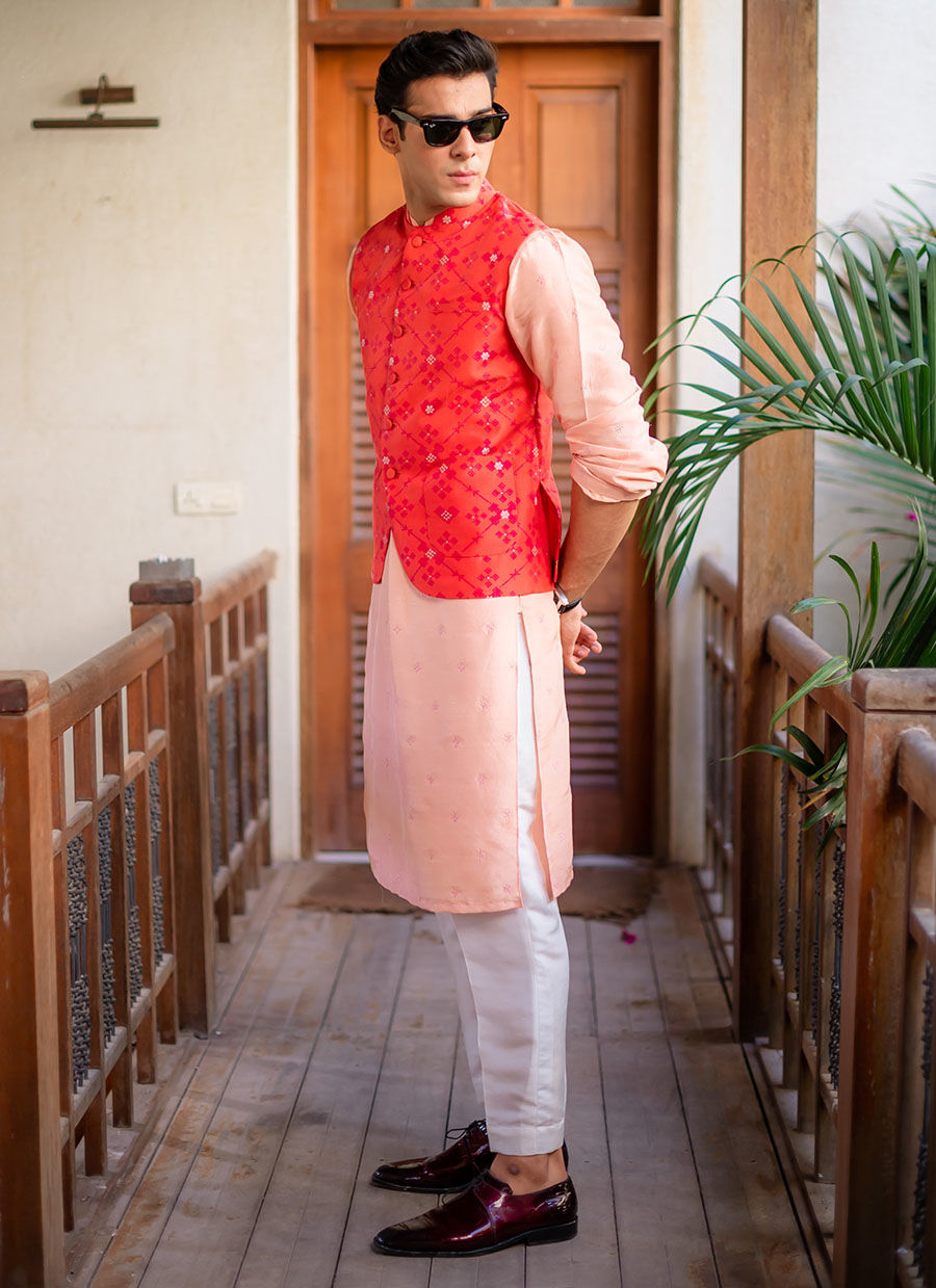 Peach Embroidered Raw Silk Waistcoat Kurta (3-Piece) - Image 4