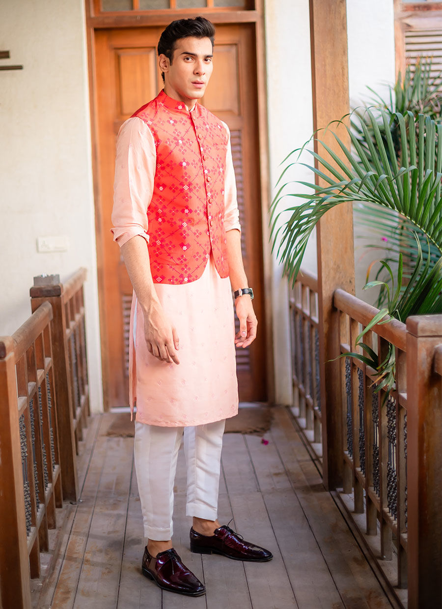 Peach Embroidered Raw Silk Waistcoat Kurta (3-Piece) - Image 5