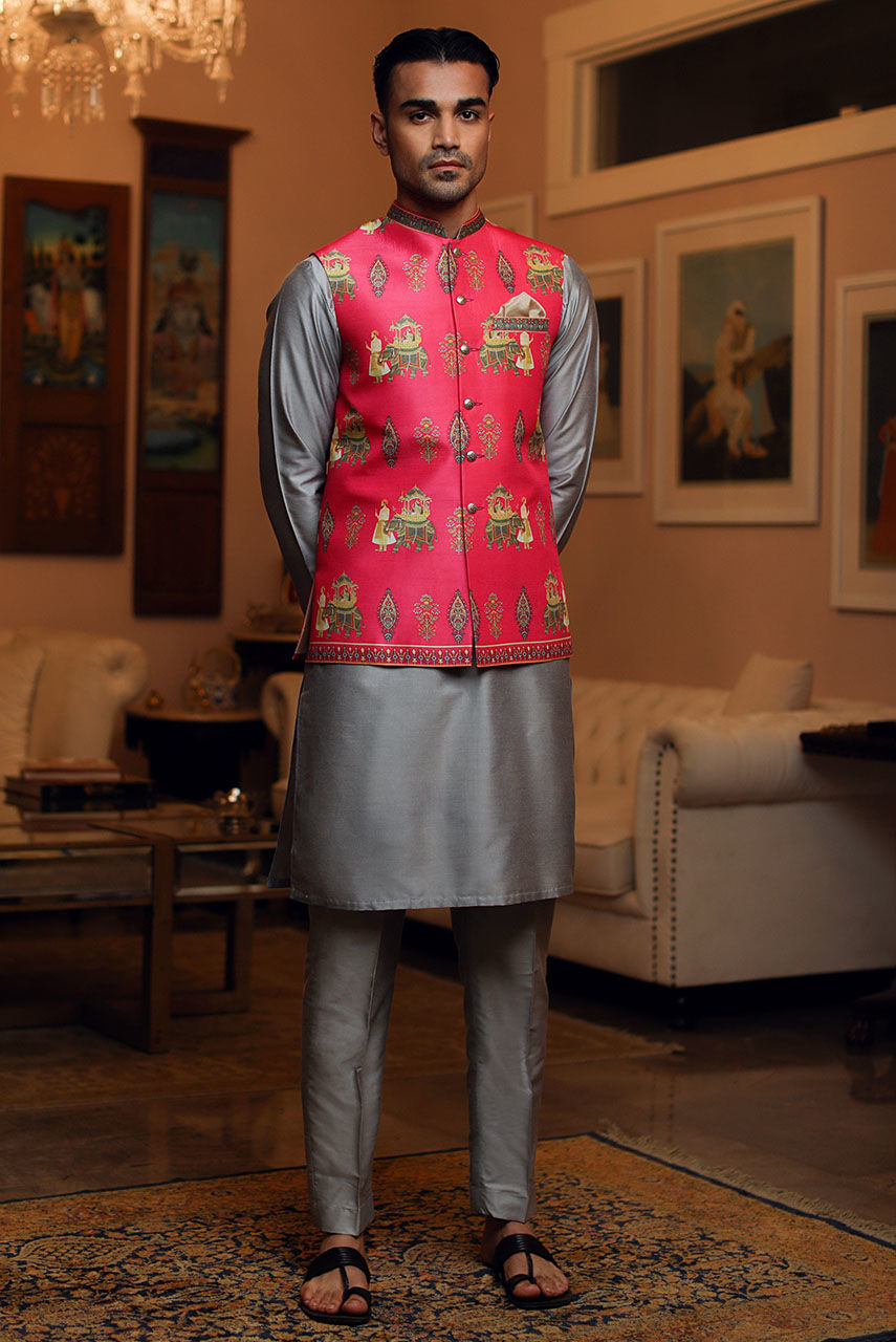 Fuchsia Digital Printed Raw Silk Waistcoat (3-Piece) - Image 1