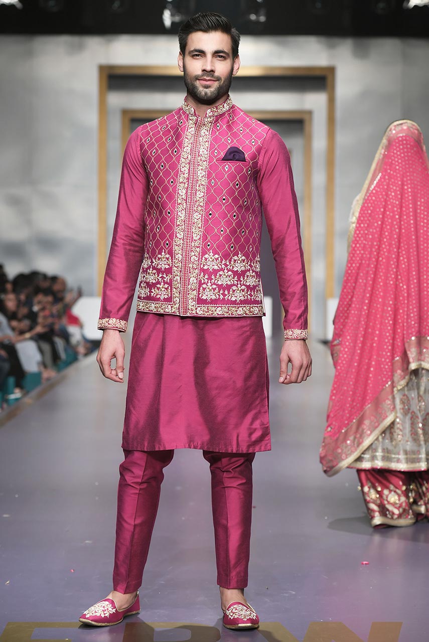 Magenta Embroidered Raw Silk Waistcoat Kurta Pajama (3-Piece) - Image 1