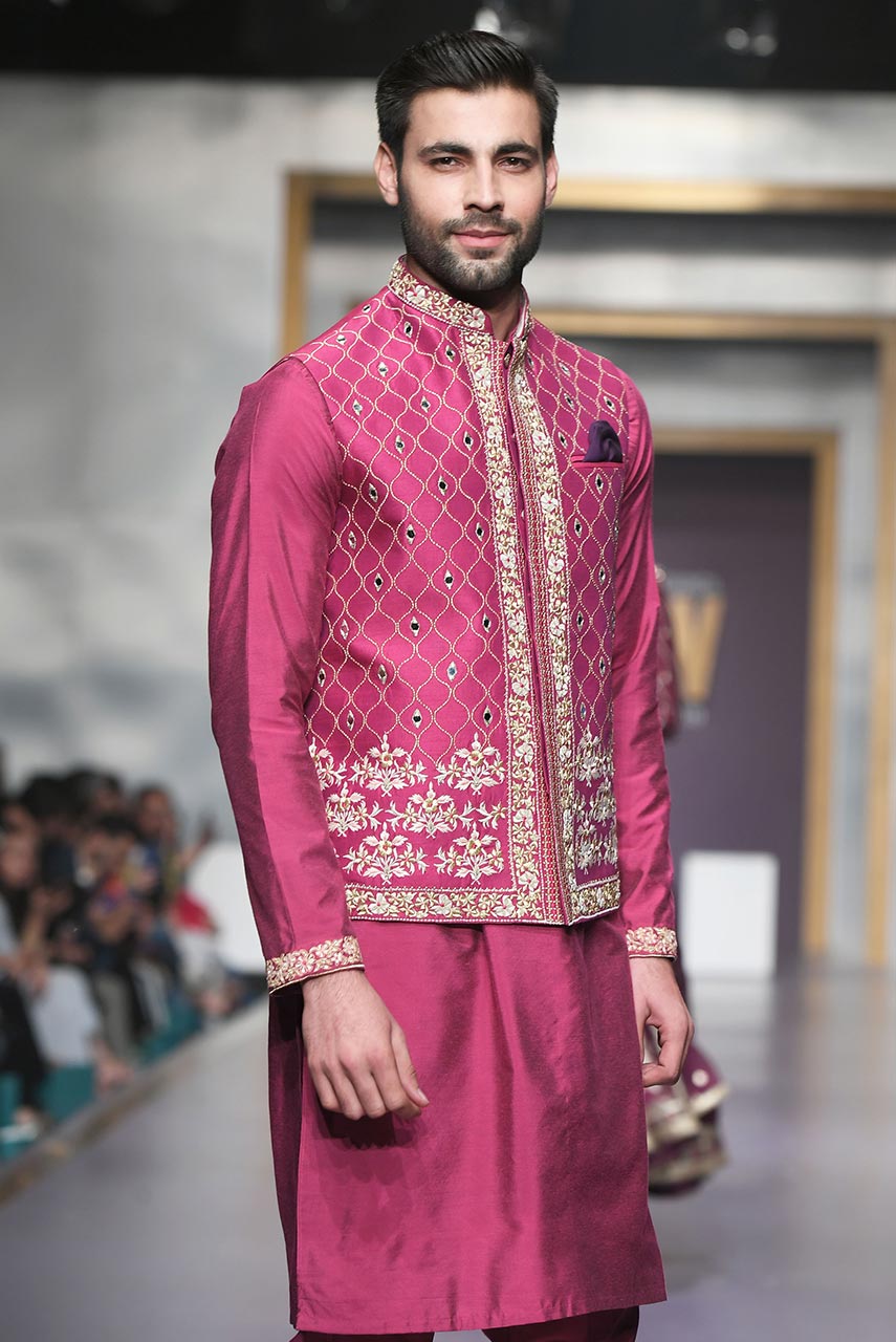 Magenta Embroidered Raw Silk Waistcoat Kurta Pajama (3-Piece) - Image 3