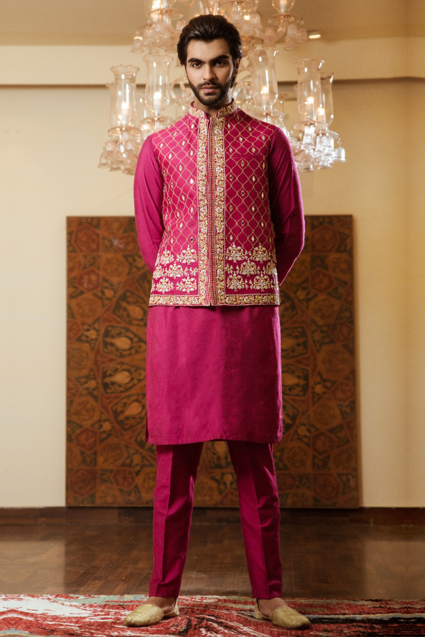 Magenta Embroidered Raw Silk Waistcoat Kurta Pajama (3-Piece) - Image 4