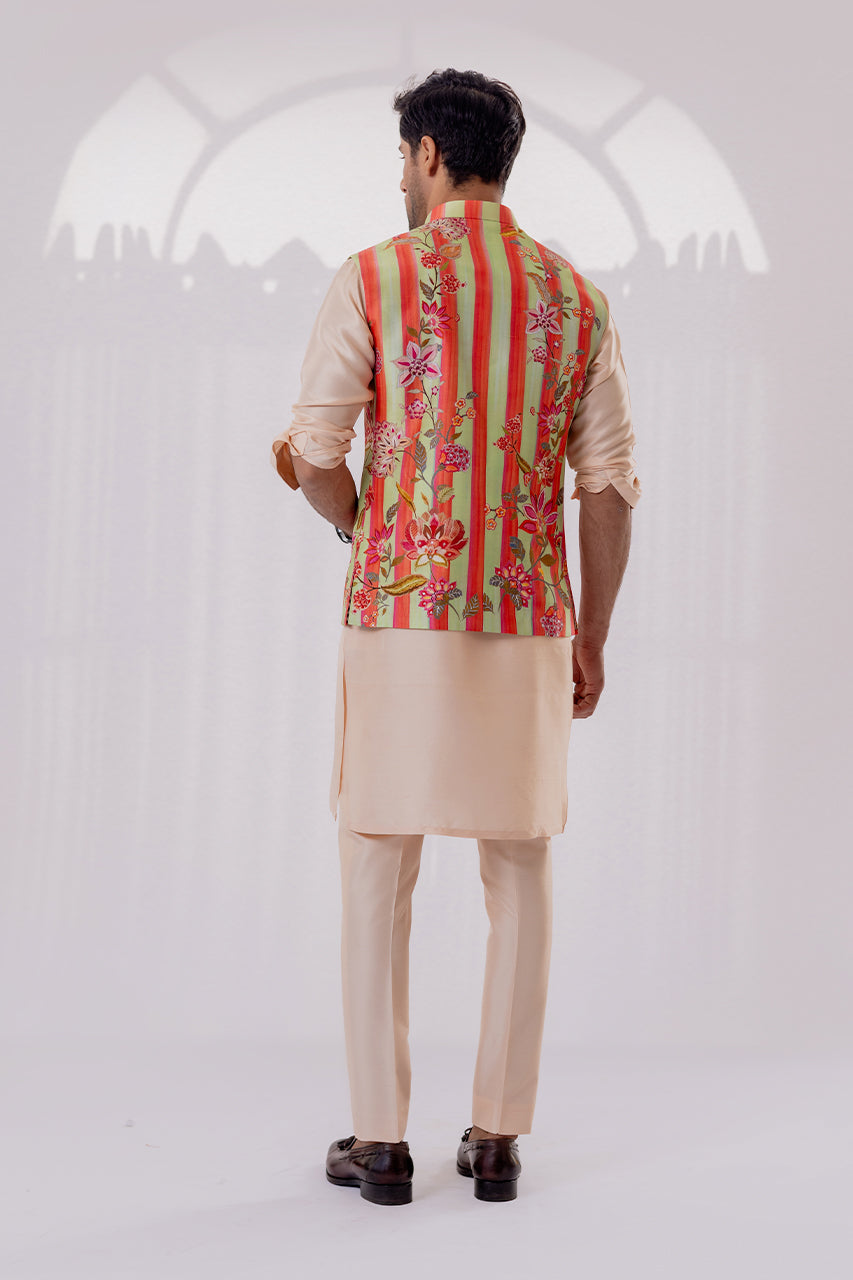 Coral Hand Embellished Raw Silk Waistcoat Kurta (3-Piece) - Image 2