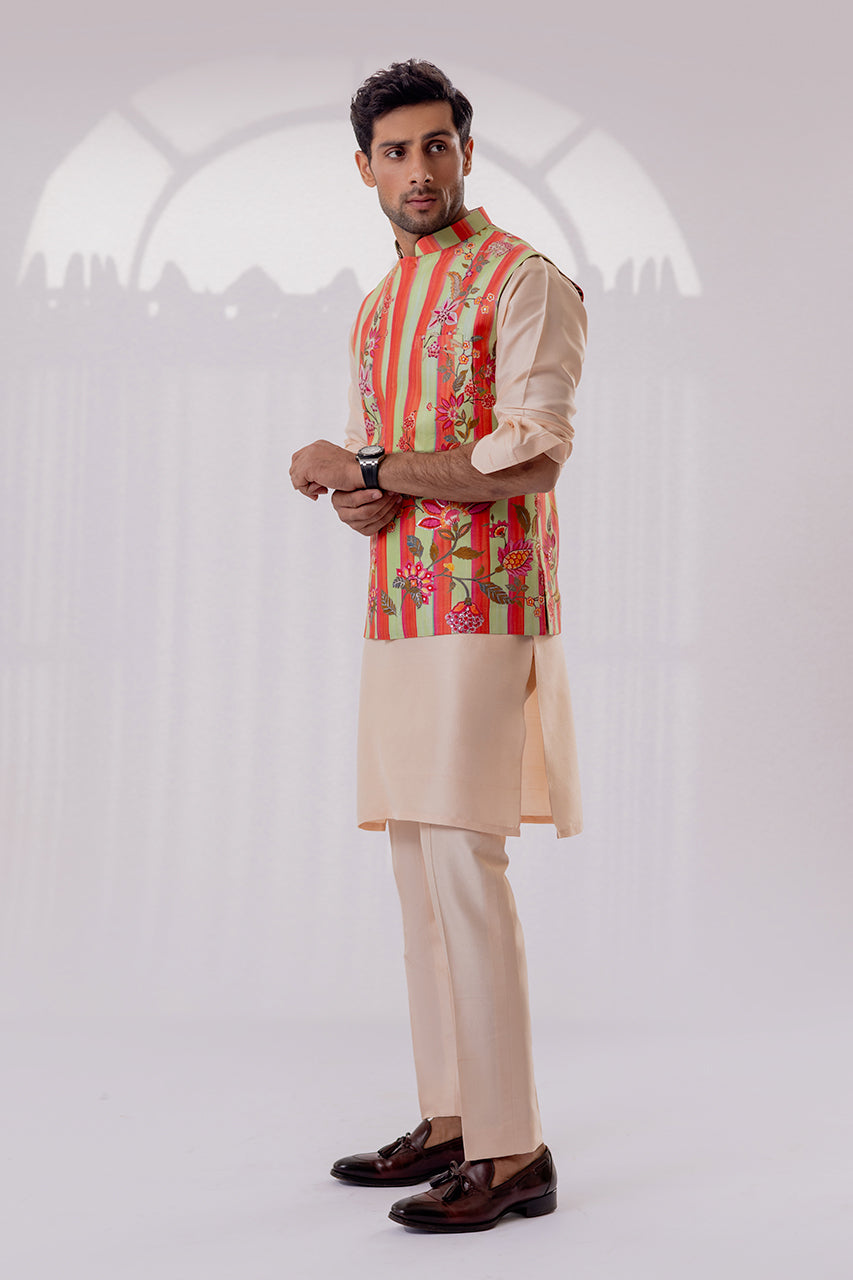 Coral Hand Embellished Raw Silk Waistcoat Kurta (3-Piece) - Image 3