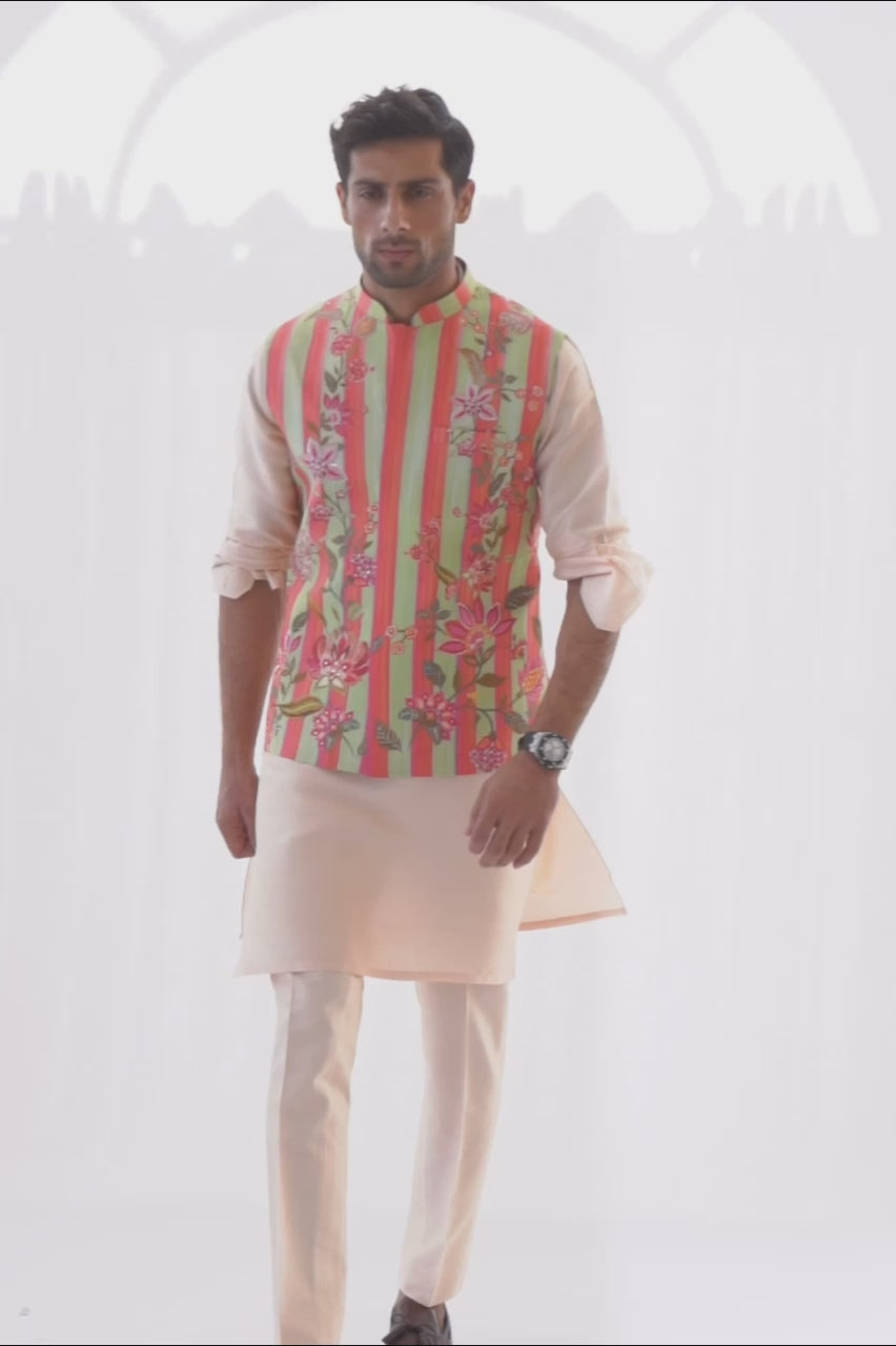 Coral Hand Embellished Raw Silk Waistcoat Kurta (3-Piece) - Image 4