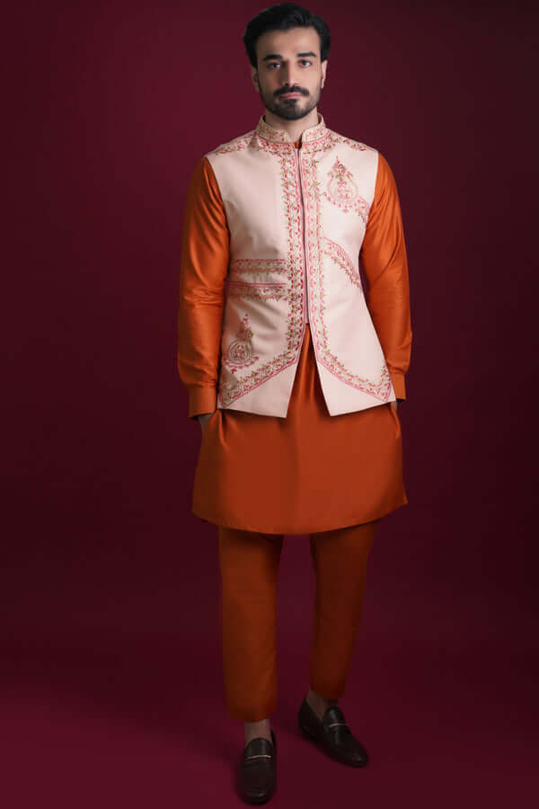 Powder Pink Embroidered Silk-Blend Waistcoat Kurta (3-Piece) - Image 1