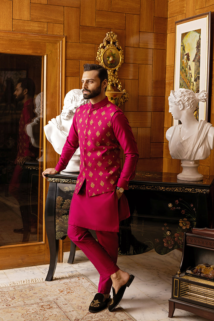 Fuchsia Pink Hand-Embroidered Silk-Blend Waistcoat Kurta (3-Piece) - Image 2