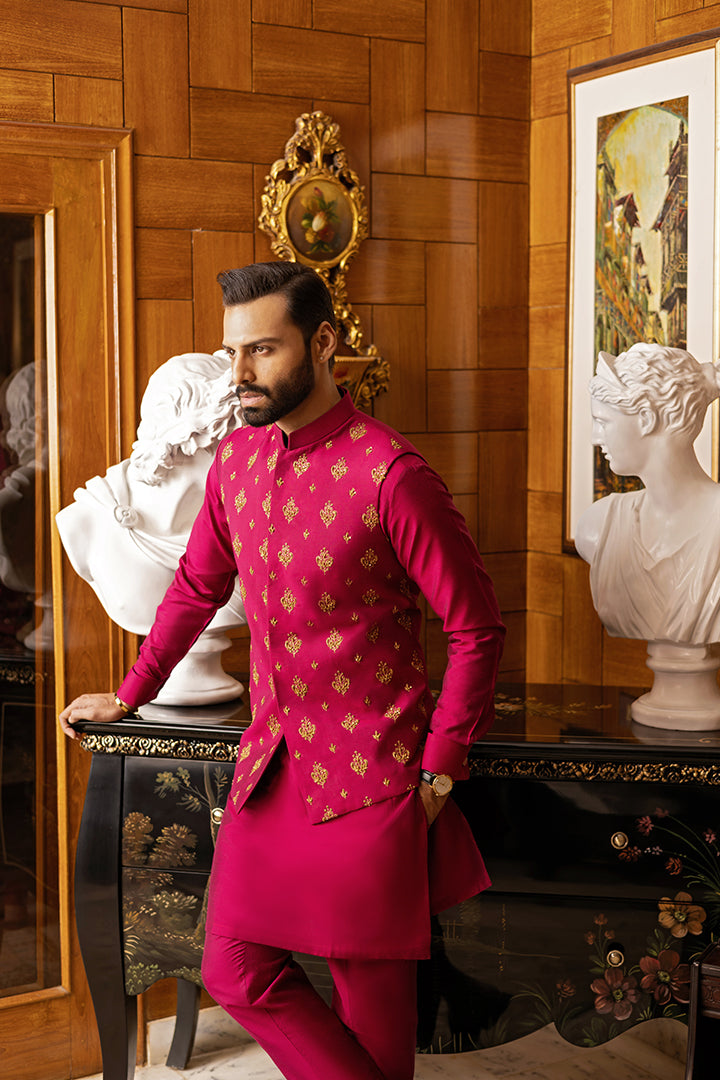 Fuchsia Pink Hand-Embroidered Silk-Blend Waistcoat Kurta (3-Piece) - Image 3