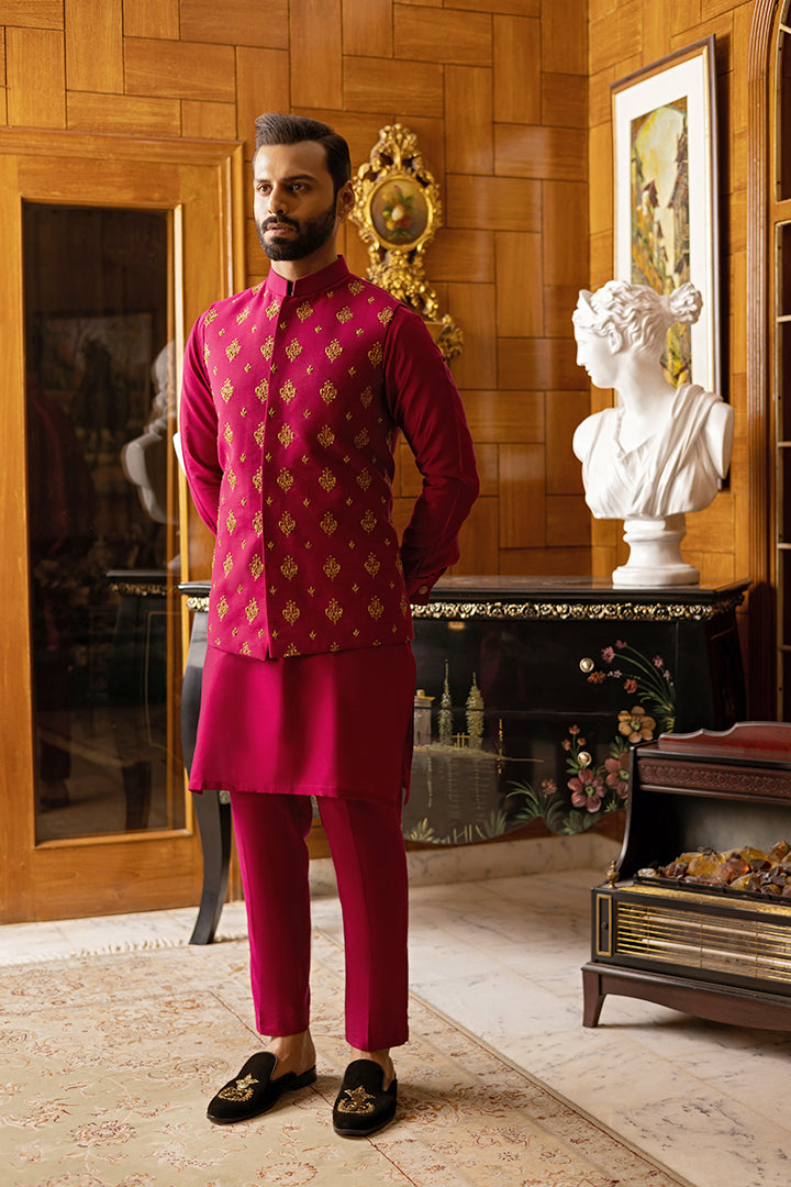 Fuchsia Pink Hand-Embroidered Silk-Blend Waistcoat Kurta (3-Piece) - Image 4