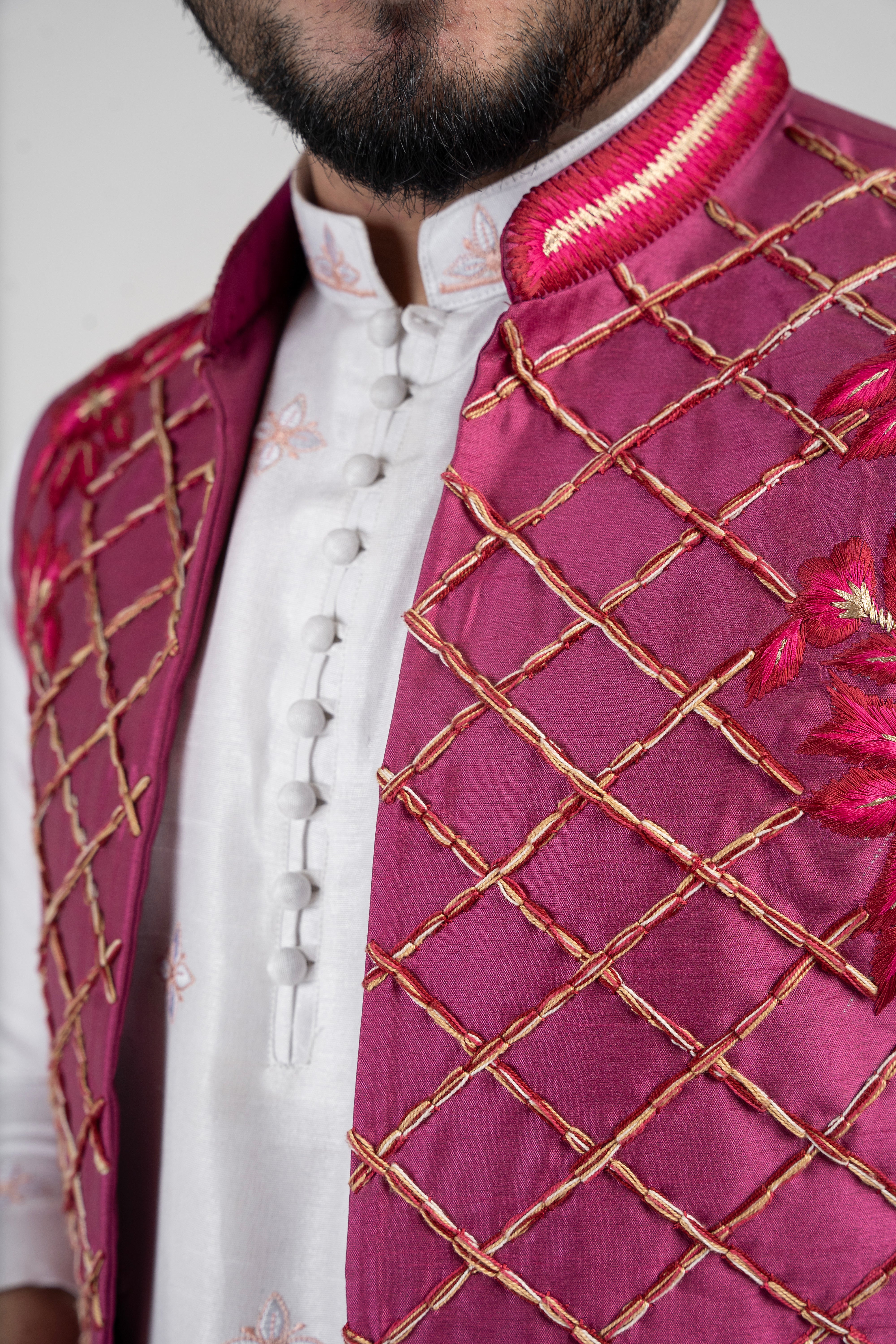 Magenta Thread-Embroidered Silk Waistcoat (3-Piece) - Image 4