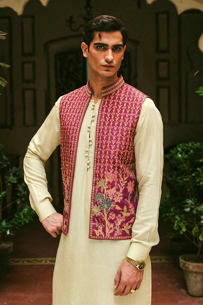 Hot Pink Embroidered Silk-Blend Waistcoat Kurta (3-Piece) - Image 2