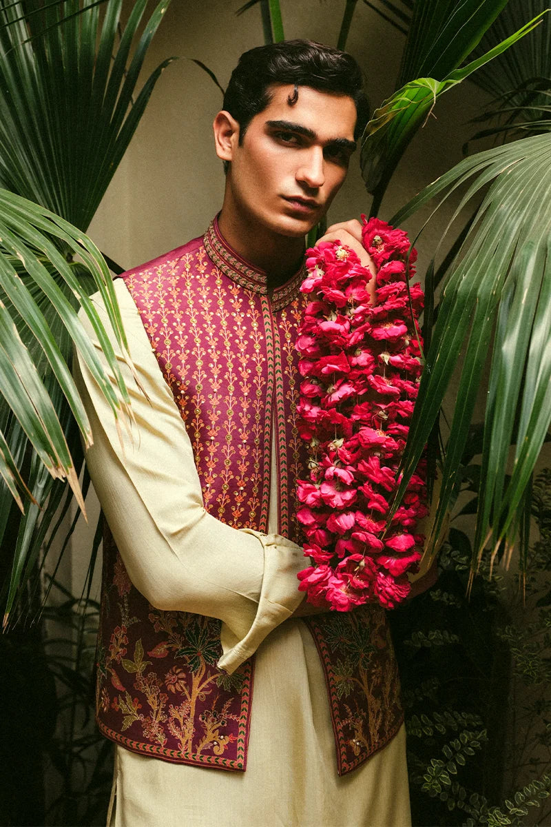 Hot Pink Embroidered Silk-Blend Waistcoat Kurta (3-Piece) - Image 3