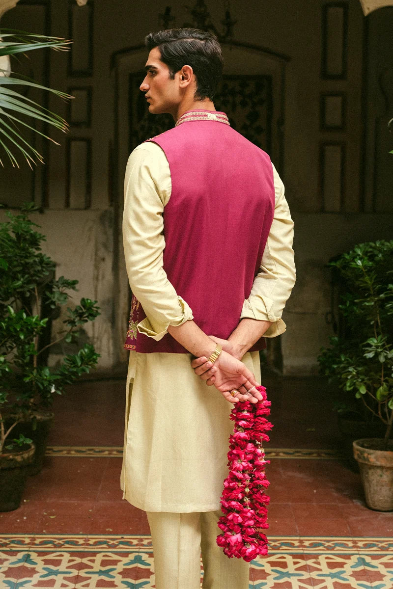 Hot Pink Embroidered Silk-Blend Waistcoat Kurta (3-Piece) - Image 4