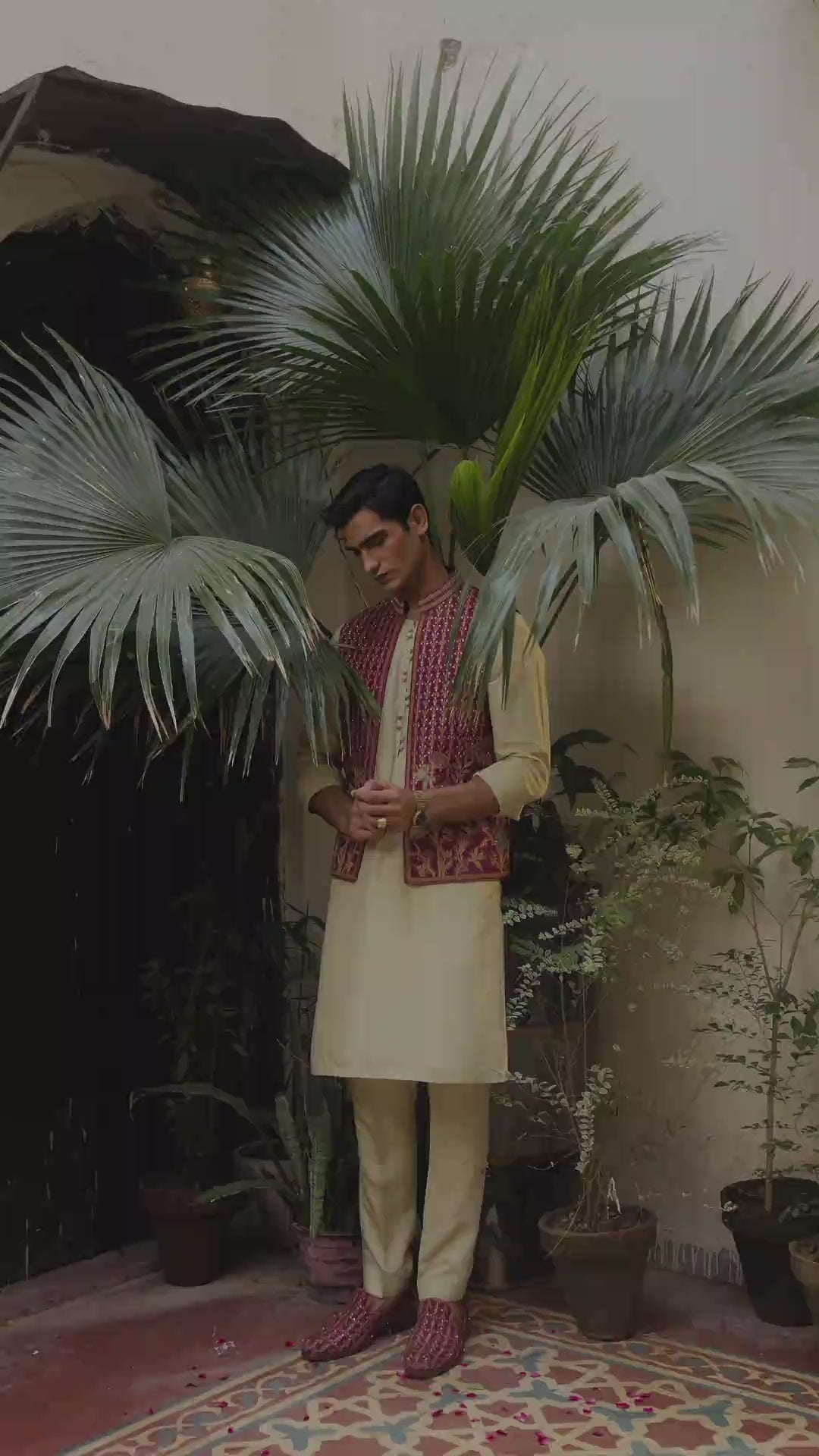 Hot Pink Embroidered Silk-Blend Waistcoat Kurta (3-Piece) - Image 5