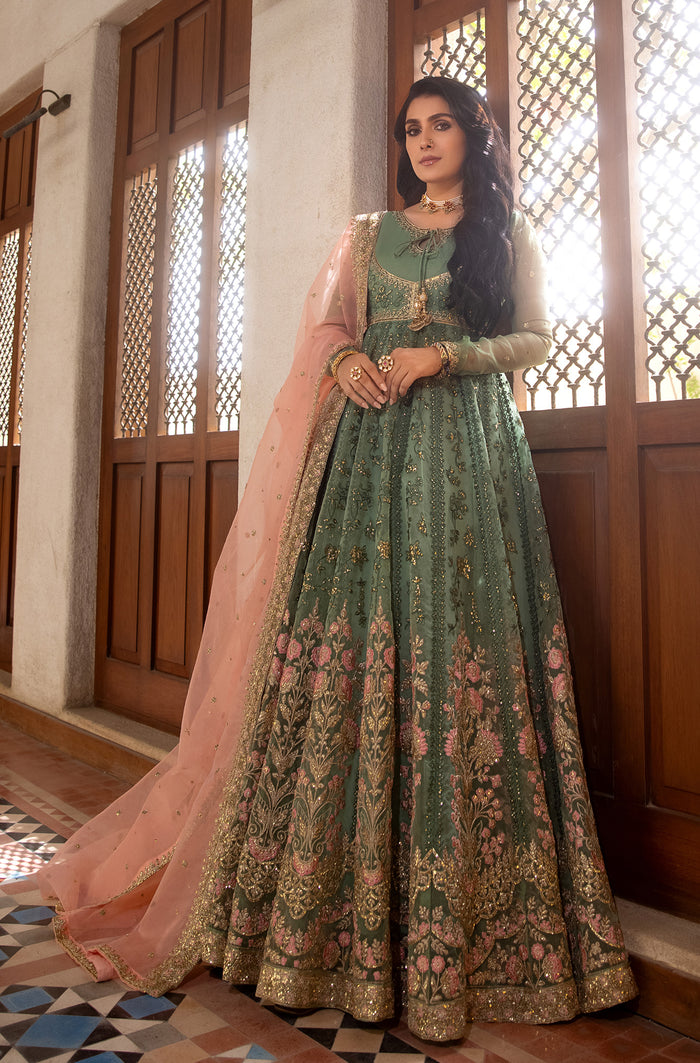 Pakistani Pastel Pistachio Embroidered Organza Kalidar (2-Piece) - Image 2
