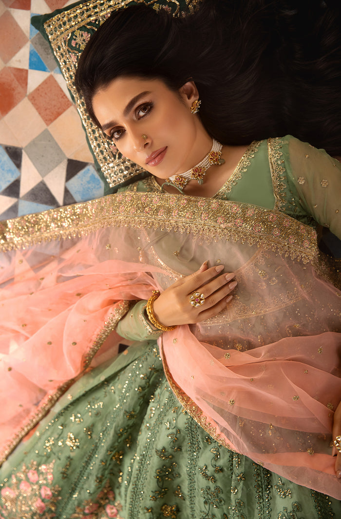 Pakistani Pastel Pistachio Embroidered Organza Kalidar (2-Piece) - Image 4