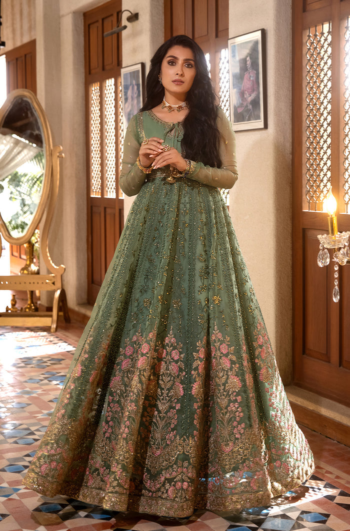 Pakistani Pastel Pistachio Embroidered Organza Kalidar (2-Piece) - Image 6