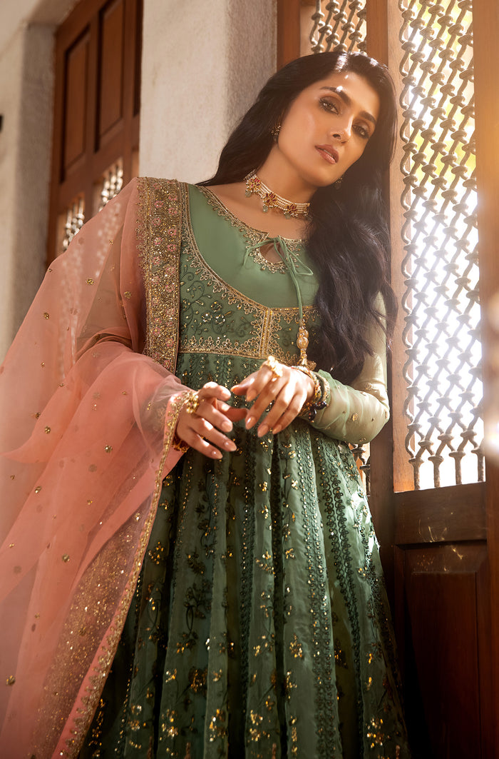 Pakistani Pastel Pistachio Embroidered Organza Kalidar (2-Piece) - Image 7