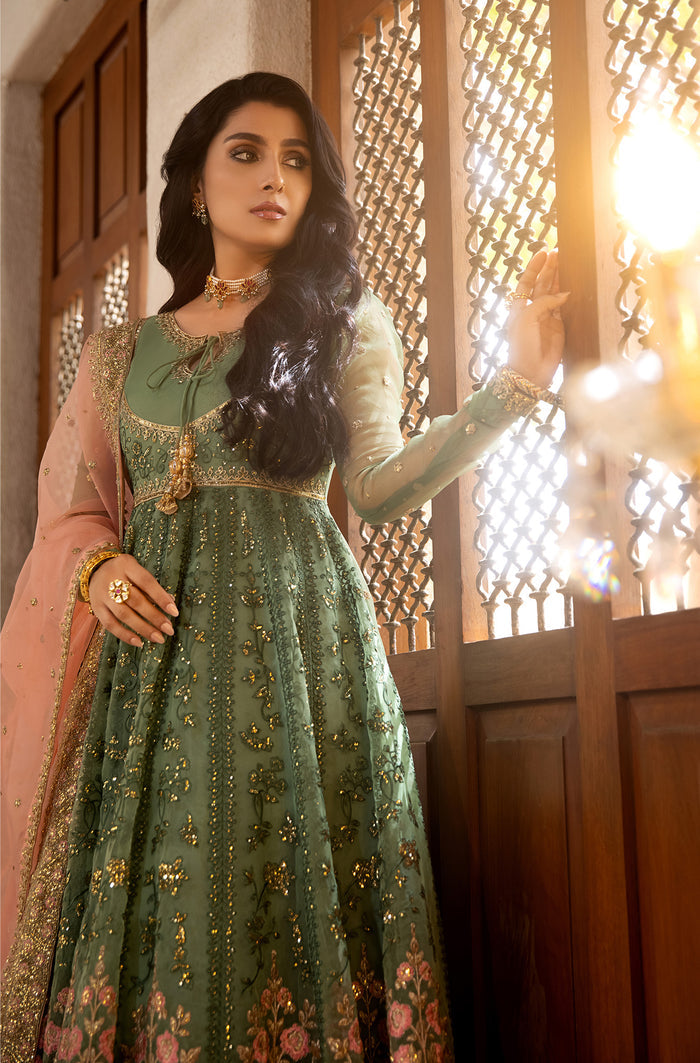 Pakistani Pastel Pistachio Embroidered Organza Kalidar (2-Piece) - Image 8